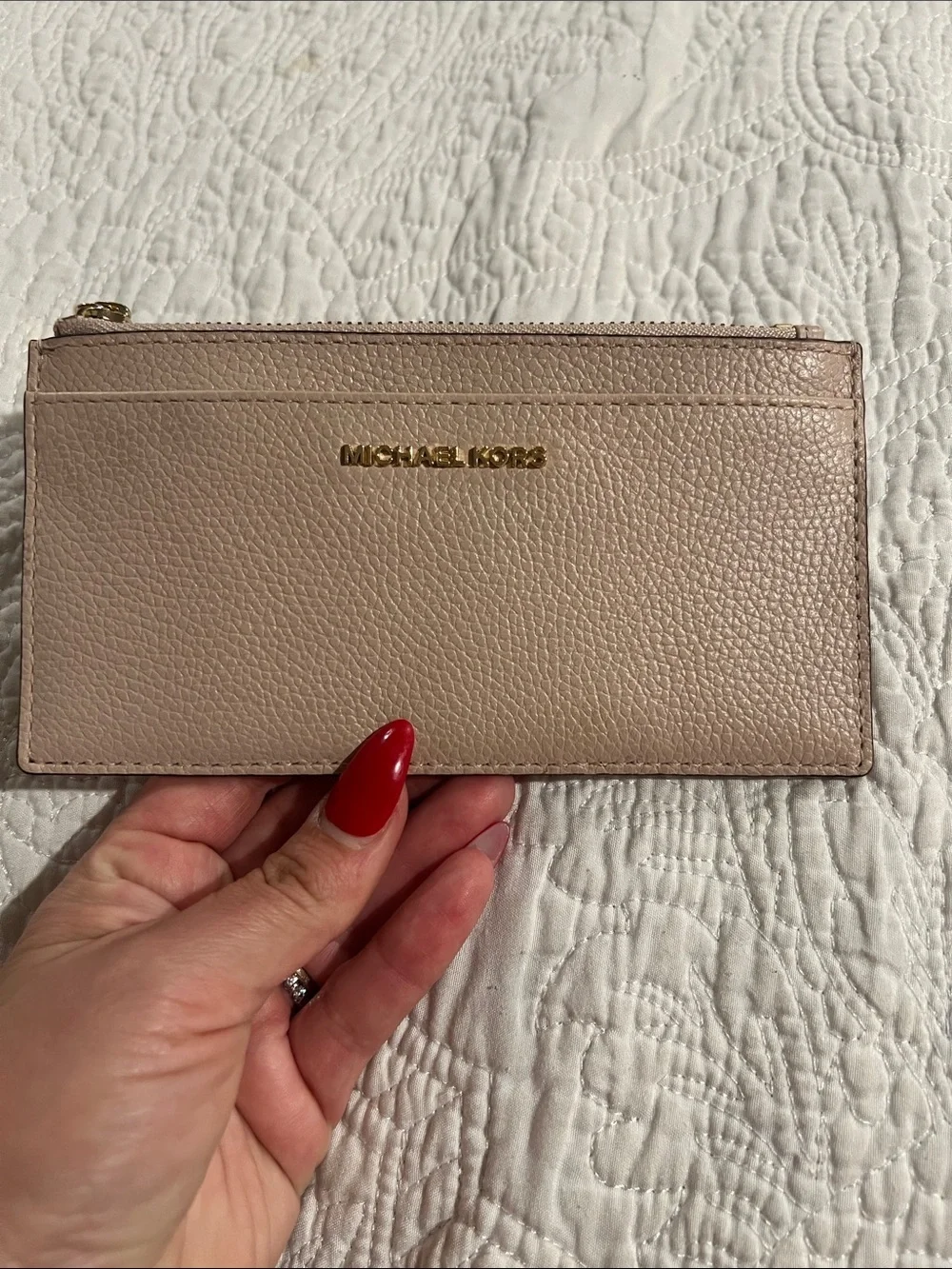 Michael Kors Pebbled Leather Card Case Wallet in Blush Taupe